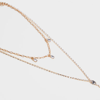 Silver Tassel Double Layer Necklace For Women With Rhinestone Pendant In Alloy