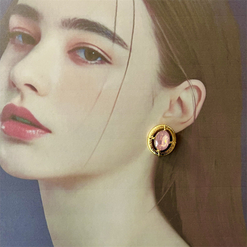 Elaborate Maillard Style Flowers Stud Earrings For Women In Natural Pink With Crystal Inlay, Made Of Zinc Alloy