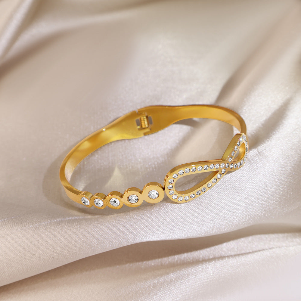 Infinity Pattern Titanium Steel Bangle With Zircon Inlay, Electroplated Gold Plating