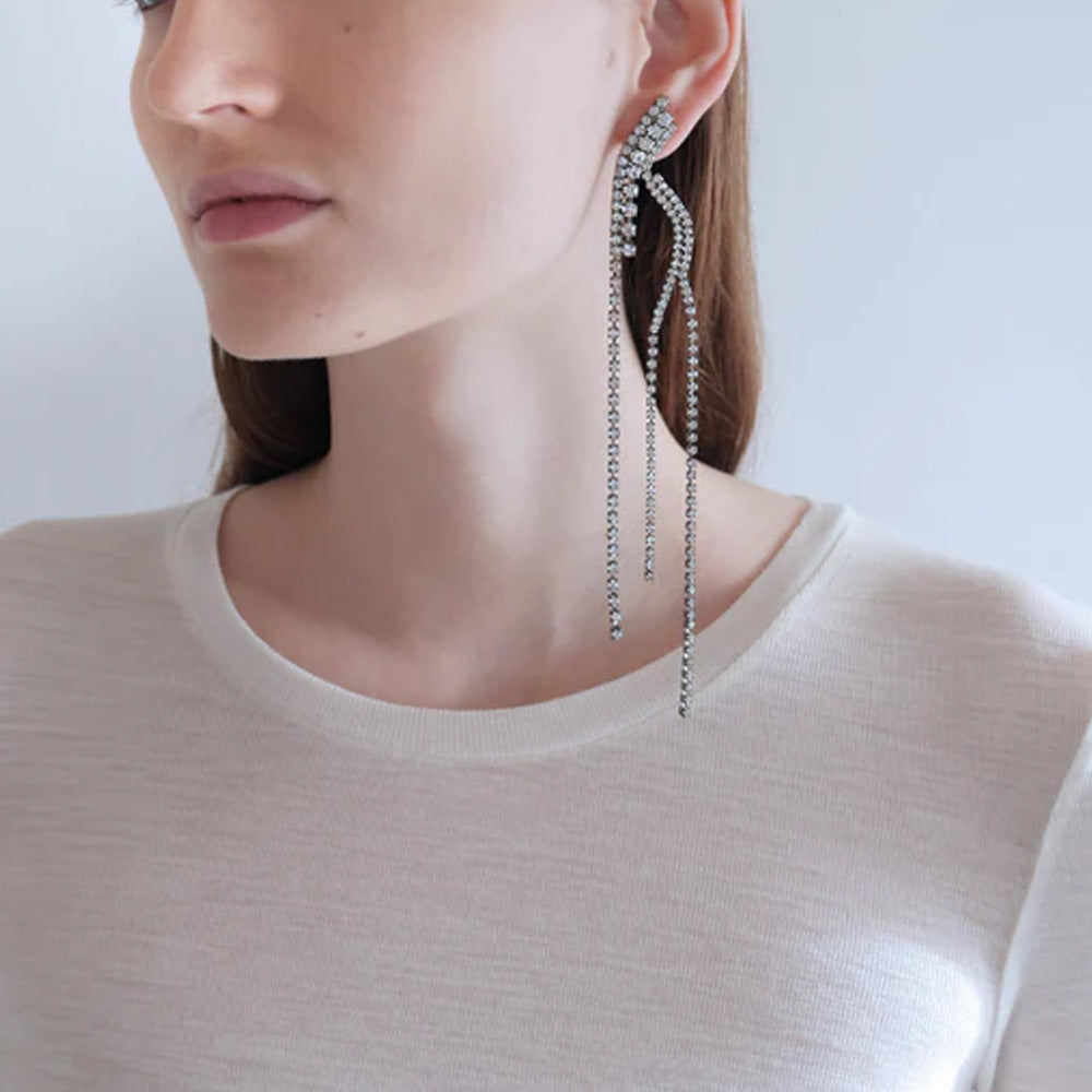 Women’s Tree Tassel Earrings In Silver Alloy With Rhinestone Inlay