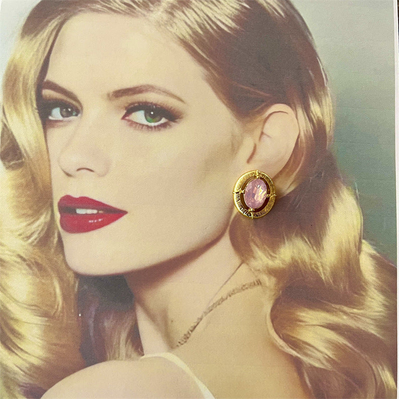 Elaborate Maillard Style Flowers Stud Earrings For Women In Natural Pink With Crystal Inlay, Made Of Zinc Alloy