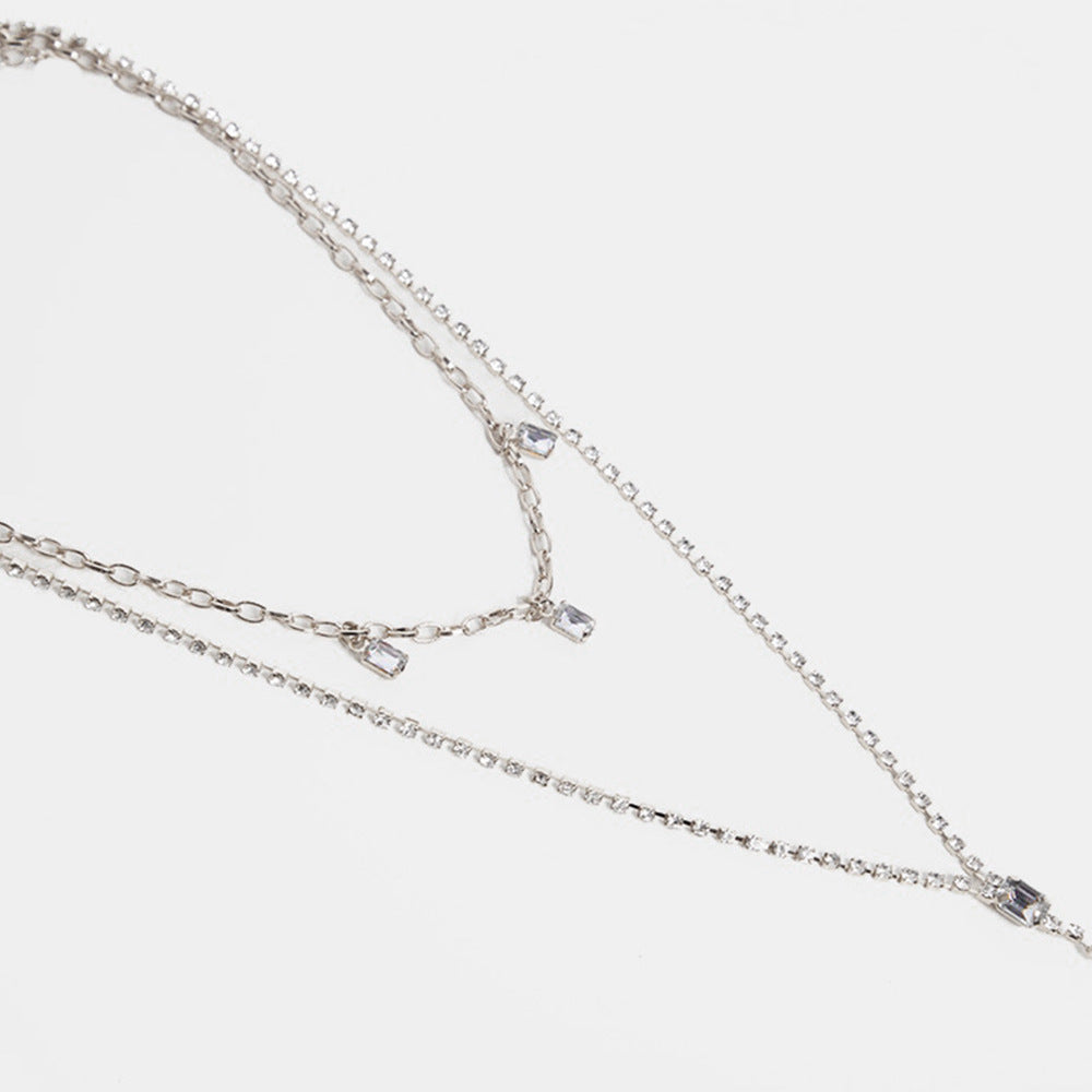 Silver Tassel Double Layer Necklace For Women With Rhinestone Pendant In Alloy