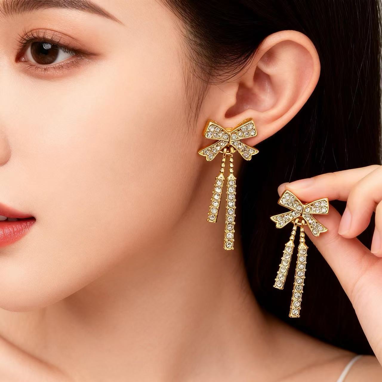 Bow Tie Stud Earrings For Women With 925 Sterling Silver Posts Featuring Tassel Design
