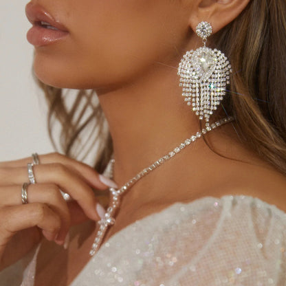 Luxurious Geometric Tassel Earrings In Silver Alloy With Rhinestone Inlay