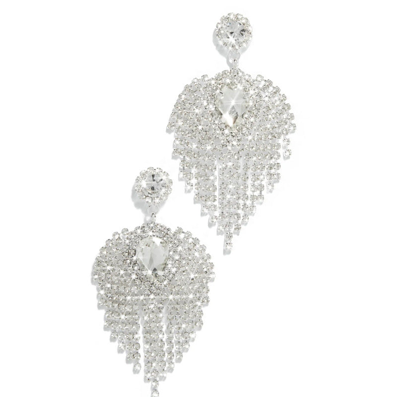 Luxurious Geometric Tassel Earrings In Silver Alloy With Rhinestone Inlay