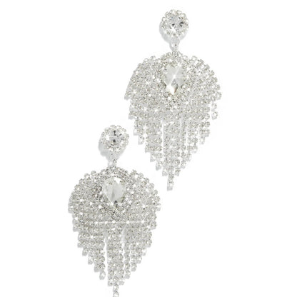 Luxurious Geometric Tassel Earrings In Silver Alloy With Rhinestone Inlay