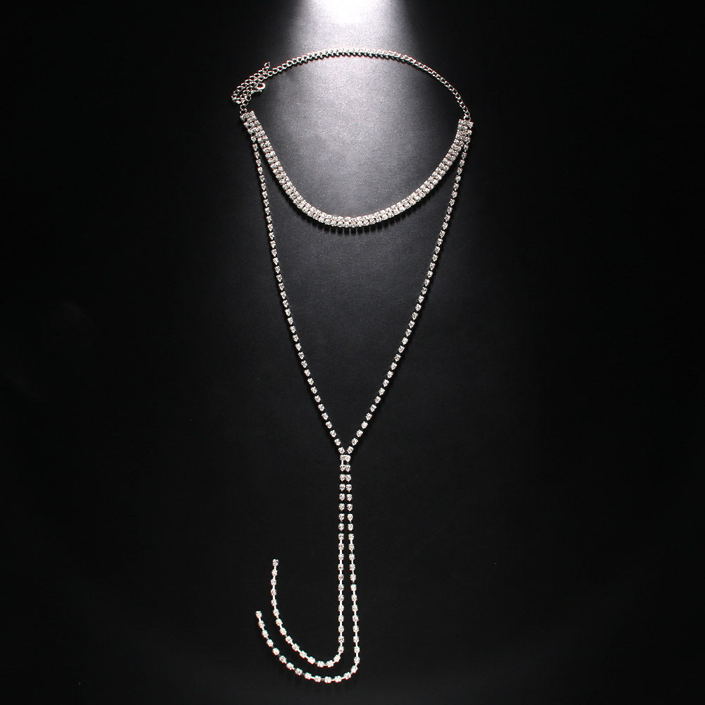 Silver Double Layer Tassel Necklace For Women With Rhinestone Alloy Pendant