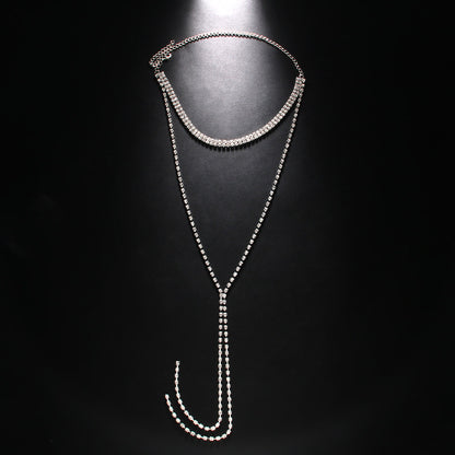 Silver Double Layer Tassel Necklace For Women With Rhinestone Alloy Pendant