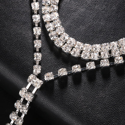 Silver Double Layer Tassel Necklace For Women With Rhinestone Alloy Pendant