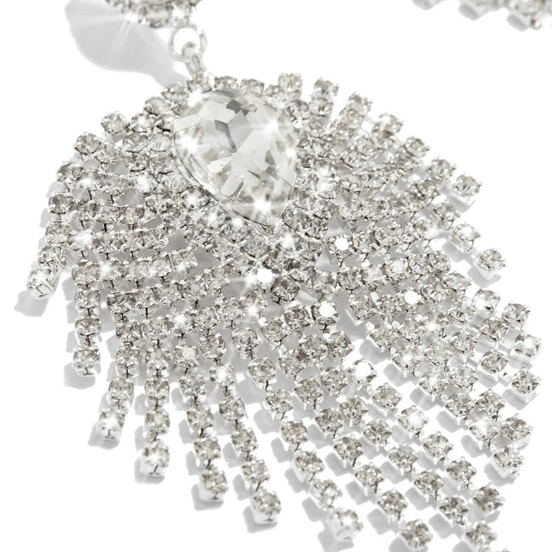 Luxurious Geometric Tassel Earrings In Silver Alloy With Rhinestone Inlay