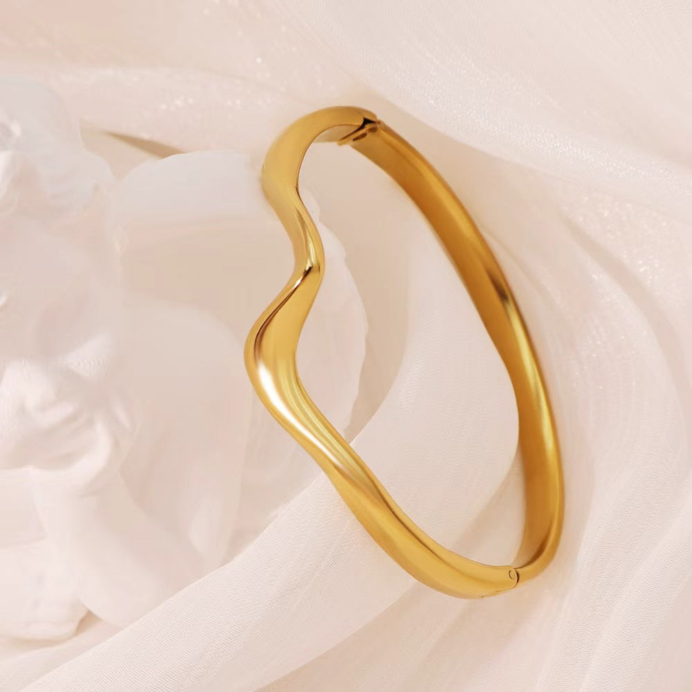 Irregular Titanium Steel Bangle For Women With Electroplated Gold Plating