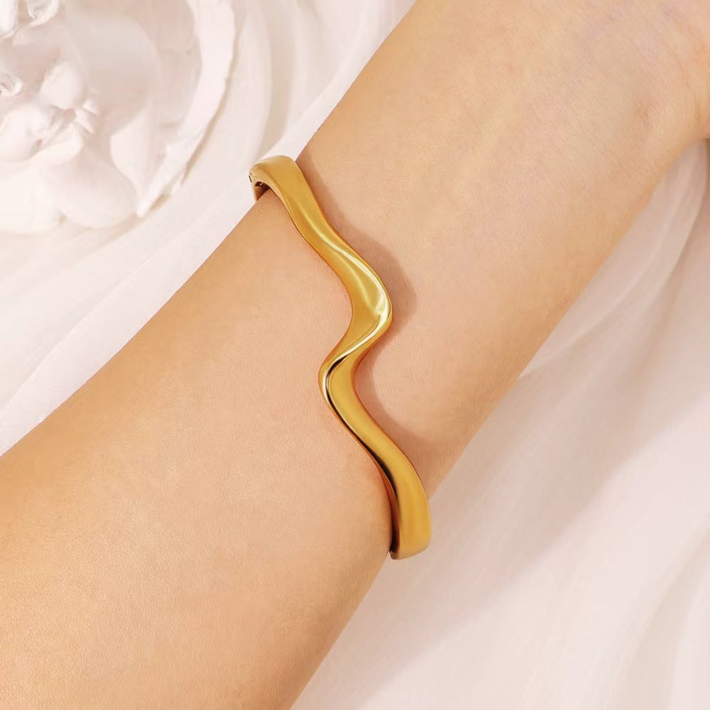 Irregular Titanium Steel Bangle For Women With Electroplated Gold Plating