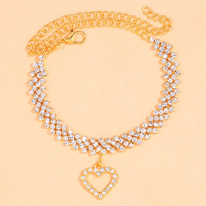 Women's Gold Alloy Anklet With Heart Shape Pattern And Artificial Gemstones, Perfect For Beach Wear