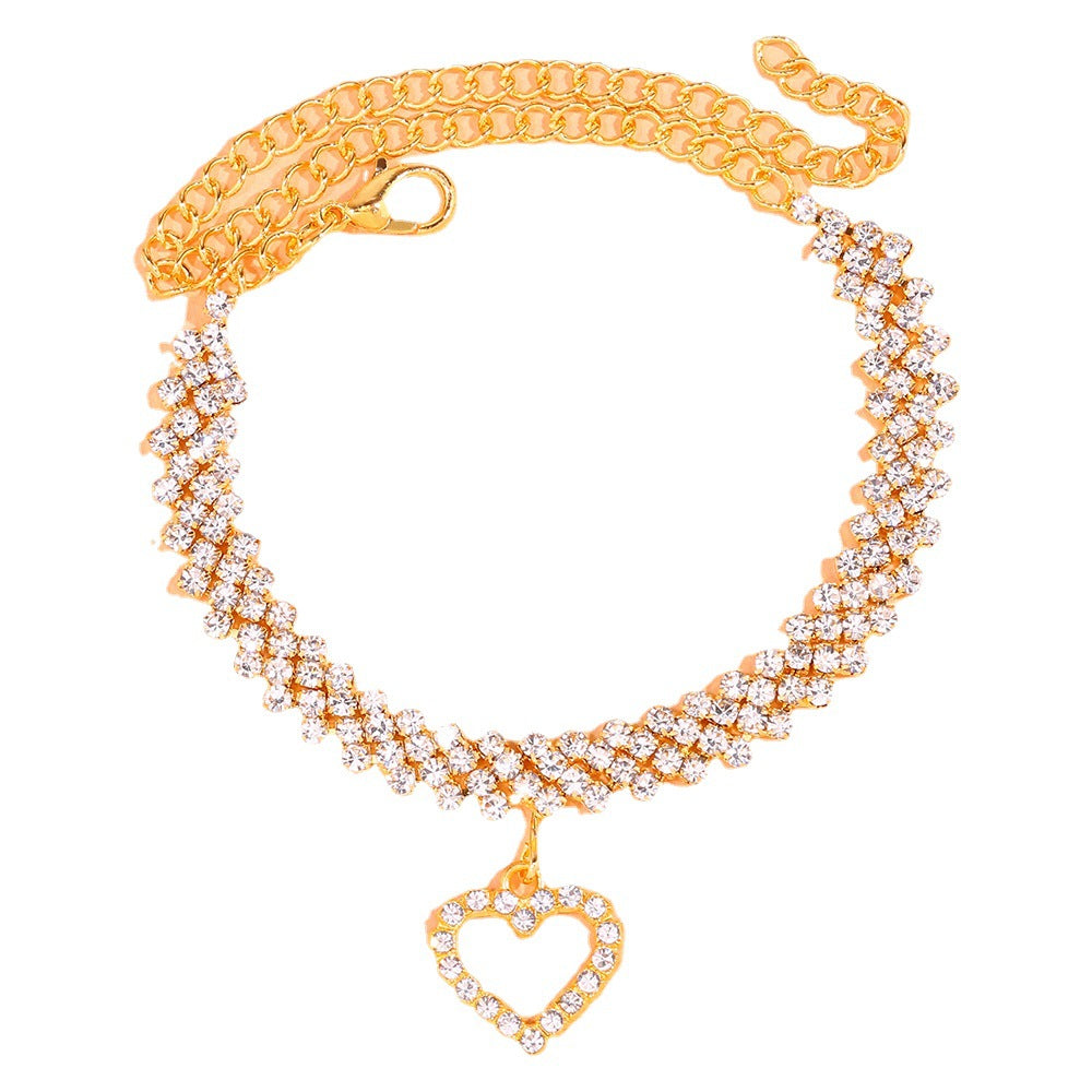 Women's Gold Alloy Anklet With Heart Shape Pattern And Artificial Gemstones, Perfect For Beach Wear