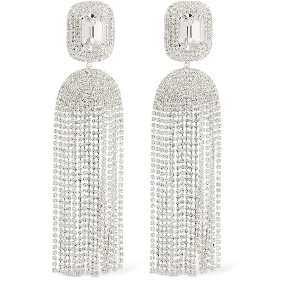 Exaggerated Silver Tassel Earrings For Women With Rhinestone Inlay, Crafted From Alloy