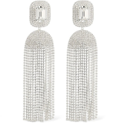 Exaggerated Silver Tassel Earrings For Women With Rhinestone Inlay, Crafted From Alloy
