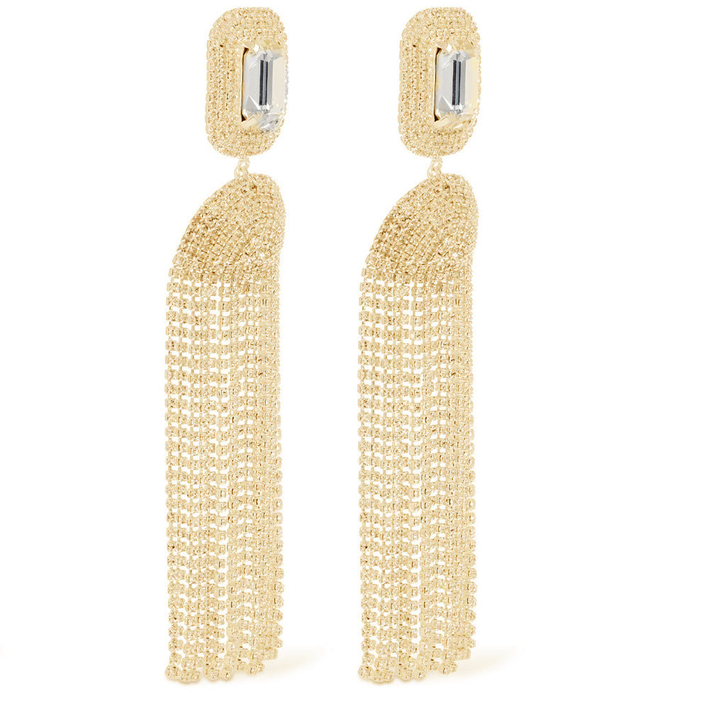 Exaggerated Silver Tassel Earrings For Women With Rhinestone Inlay, Crafted From Alloy