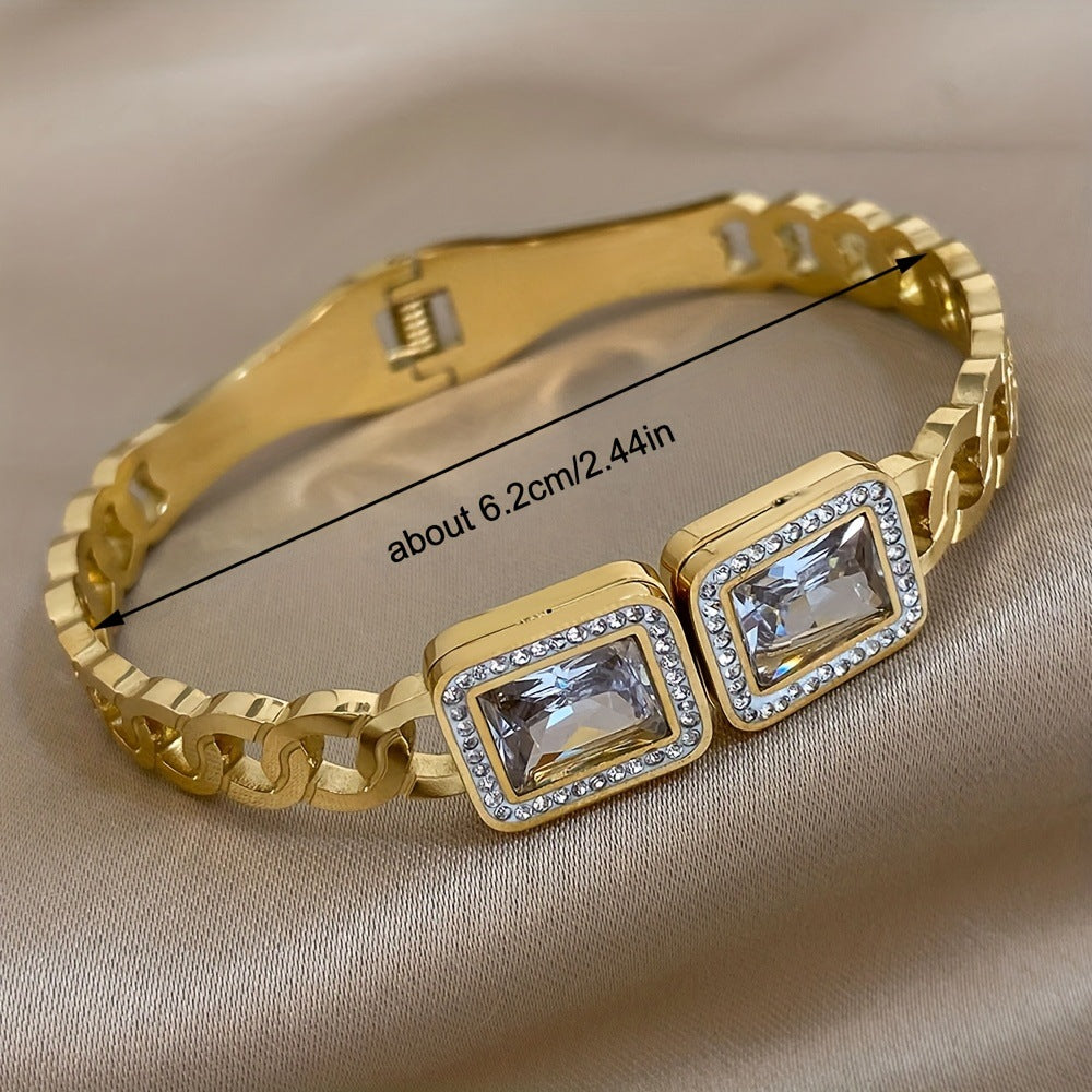 Simple Style Titanium Steel Inlay Bangle For Women With Rhinestones In Gold