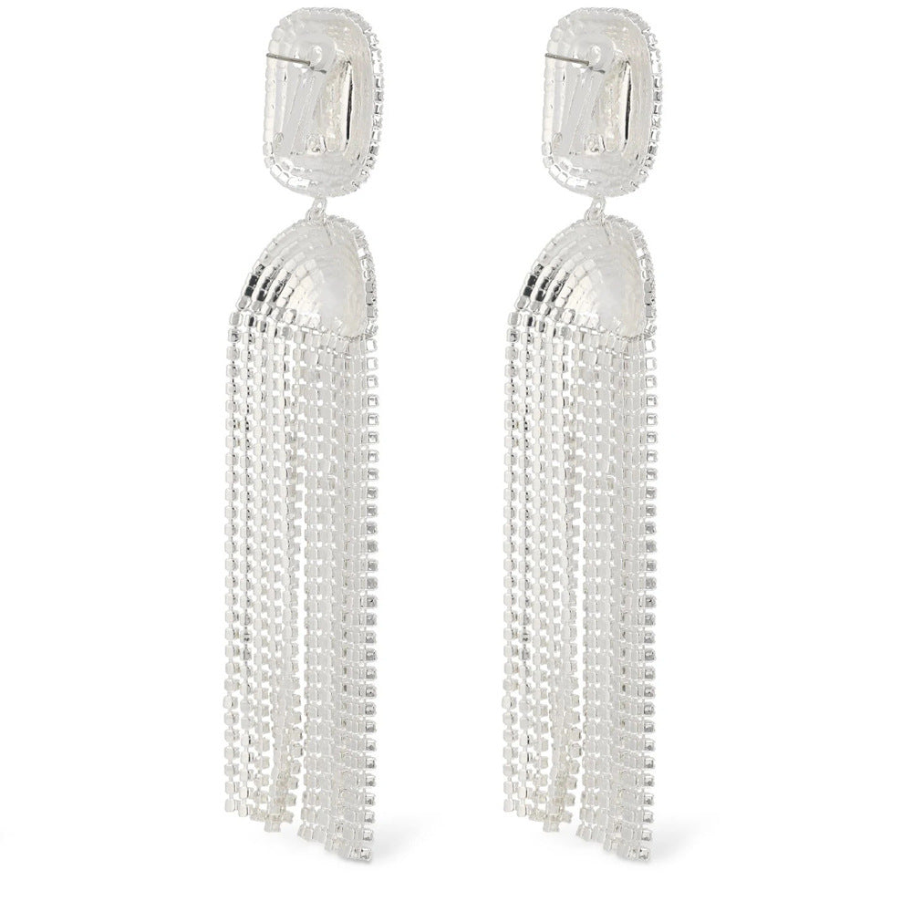 Exaggerated Silver Tassel Earrings For Women With Rhinestone Inlay, Crafted From Alloy