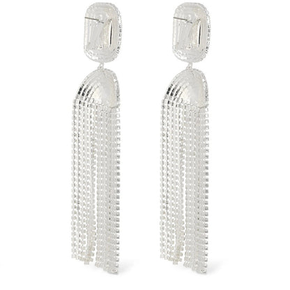 Exaggerated Silver Tassel Earrings For Women With Rhinestone Inlay, Crafted From Alloy