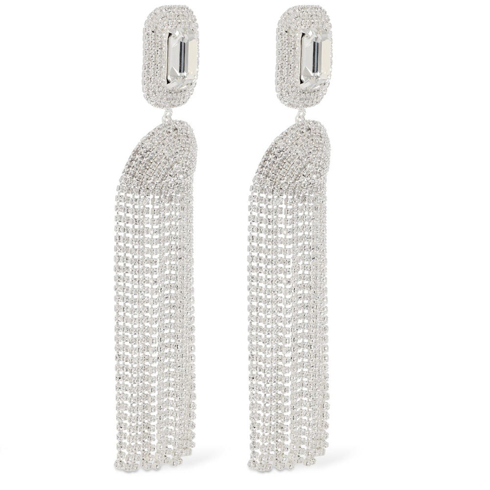 Exaggerated Silver Tassel Earrings For Women With Rhinestone Inlay, Crafted From Alloy