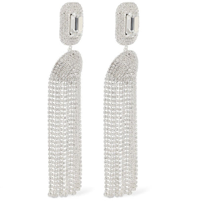 Exaggerated Silver Tassel Earrings For Women With Rhinestone Inlay, Crafted From Alloy