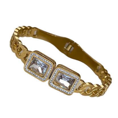 Simple Style Titanium Steel Inlay Bangle For Women With Rhinestones In Gold