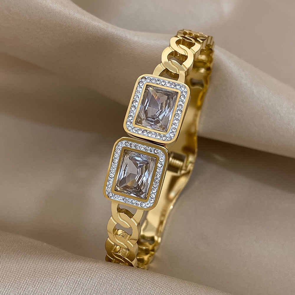 Simple Style Titanium Steel Inlay Bangle For Women With Rhinestones In Gold