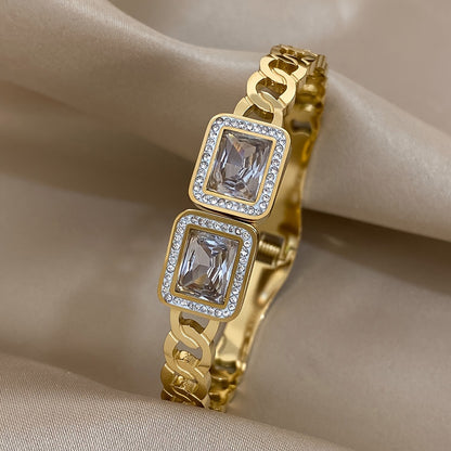 Simple Style Titanium Steel Inlay Bangle For Women With Rhinestones In Gold