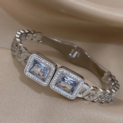 Simple Style Titanium Steel Inlay Bangle For Women With Rhinestones In Gold