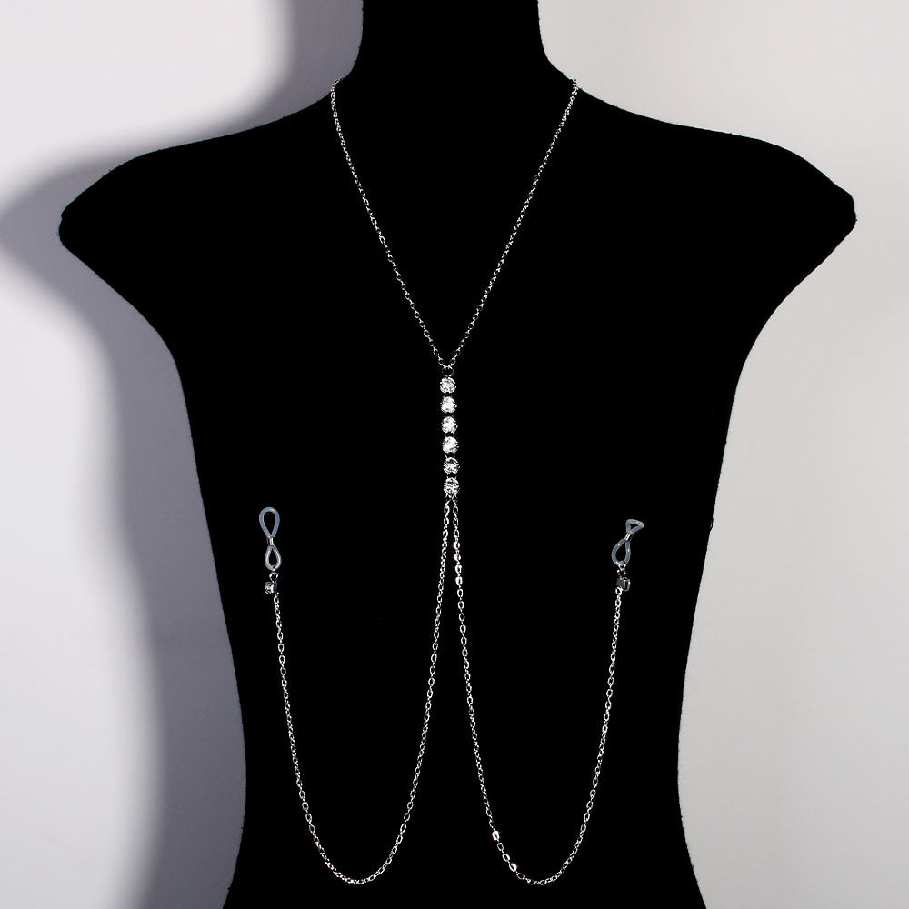 Silver Alloy Body Chain For Women With Geometric Pattern And Electroplated Finish, Inlaid With Rhinestones