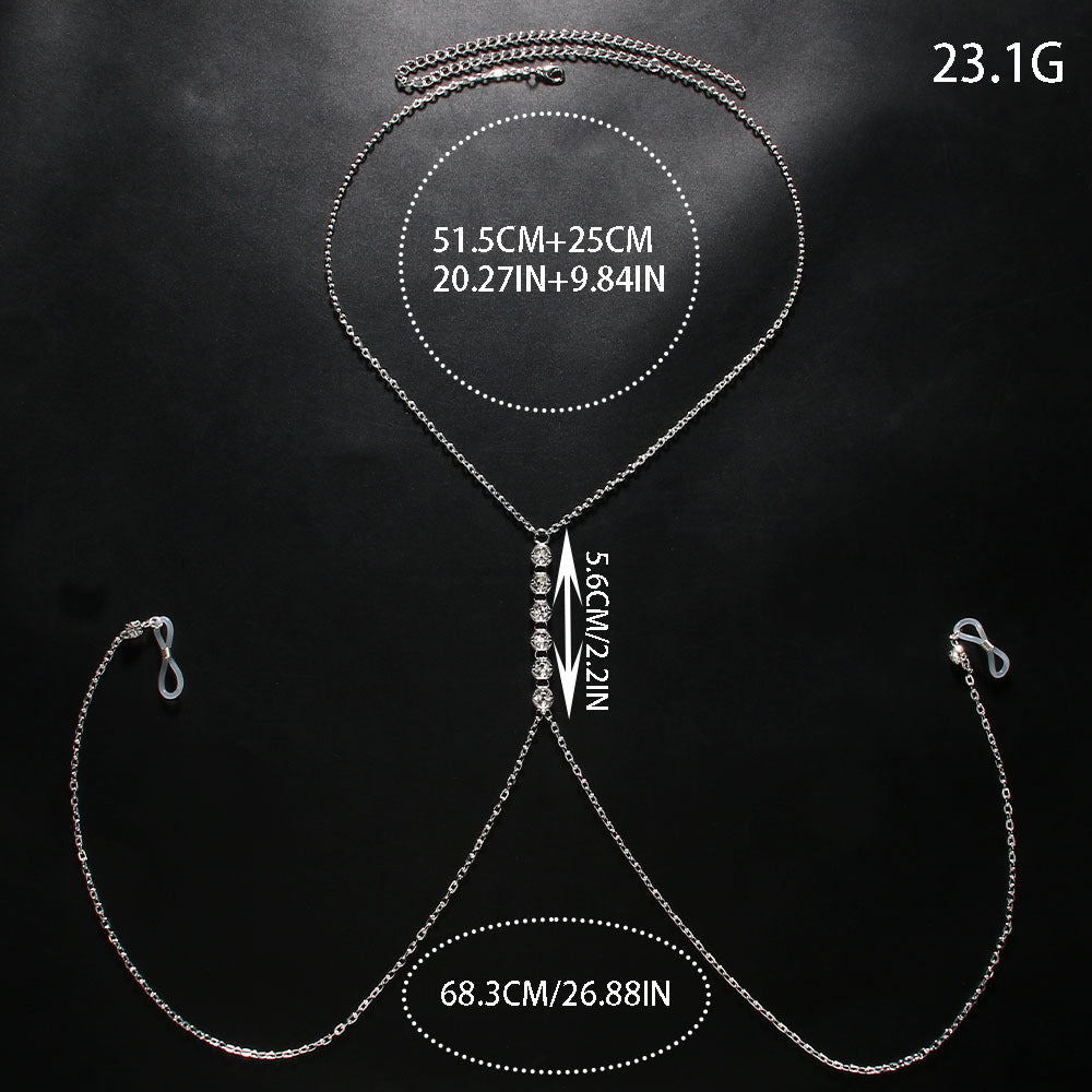 Silver Alloy Body Chain For Women With Geometric Pattern And Electroplated Finish, Inlaid With Rhinestones