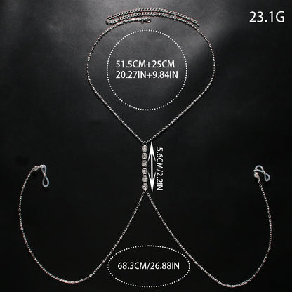 Silver Alloy Body Chain For Women With Geometric Pattern And Electroplated Finish, Inlaid With Rhinestones