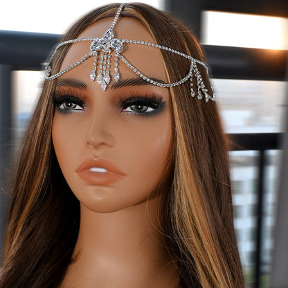 Ethnic Style Tassel Hair Chain Insert Comb Featuring Rhinestones In Silver