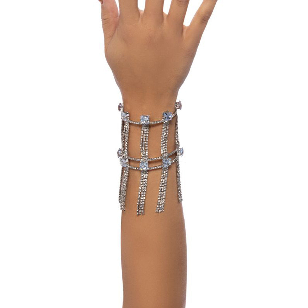 Simple Style Silver Alloy Tassel Bangle For Women With Rhinestone Inlay