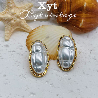 Retro Oval Stud Earrings For Women In Silver Copper With Freshwater Pearl Inlay