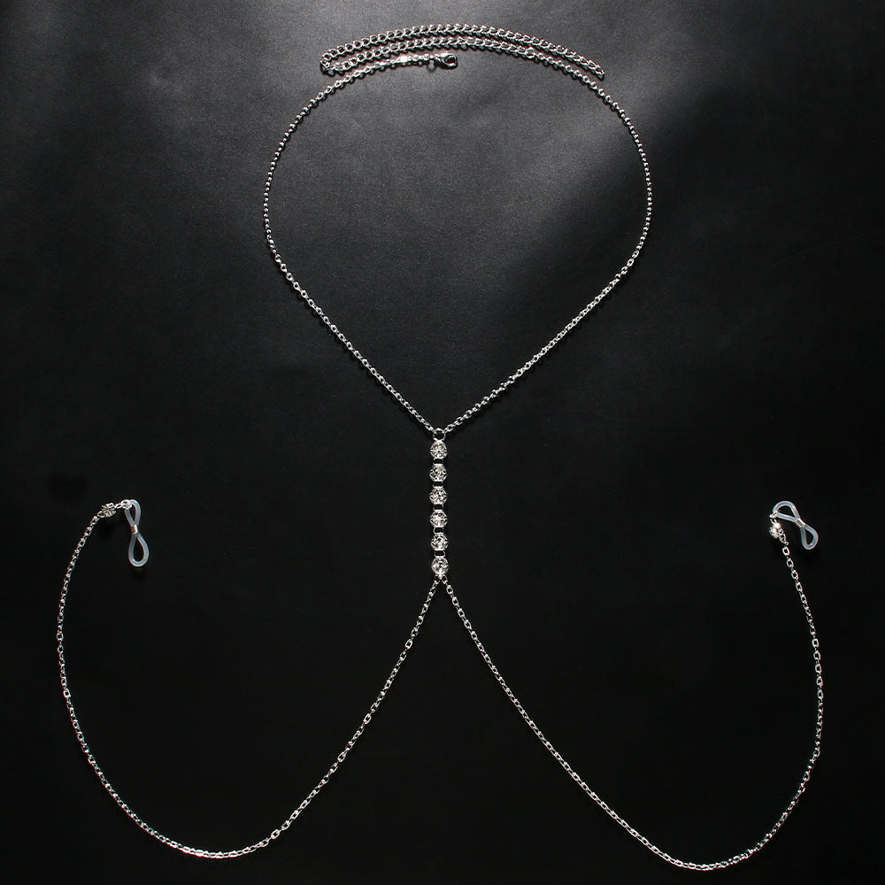 Silver Alloy Body Chain For Women With Geometric Pattern And Electroplated Finish, Inlaid With Rhinestones