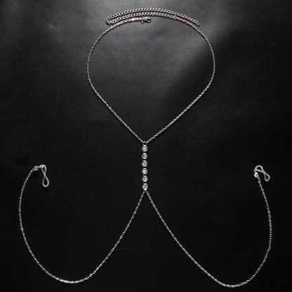 Silver Alloy Body Chain For Women With Geometric Pattern And Electroplated Finish, Inlaid With Rhinestones