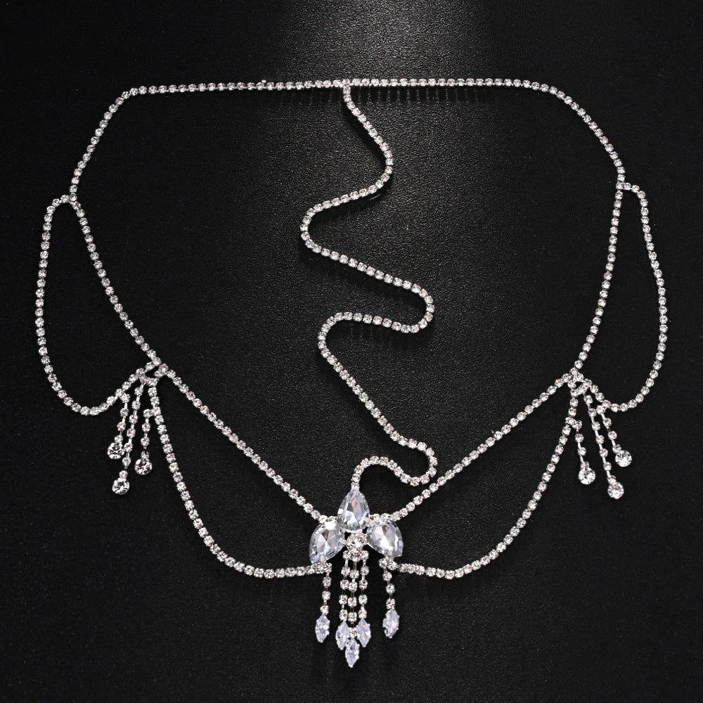 Ethnic Style Tassel Hair Chain Insert Comb Featuring Rhinestones In Silver