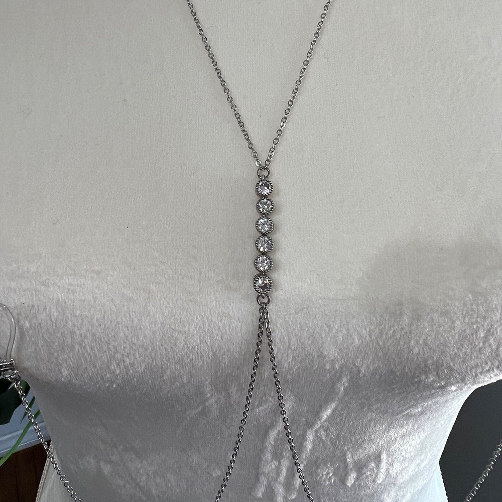 Silver Alloy Body Chain For Women With Geometric Pattern And Electroplated Finish, Inlaid With Rhinestones