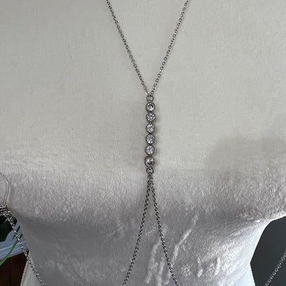 Silver Alloy Body Chain For Women With Geometric Pattern And Electroplated Finish, Inlaid With Rhinestones