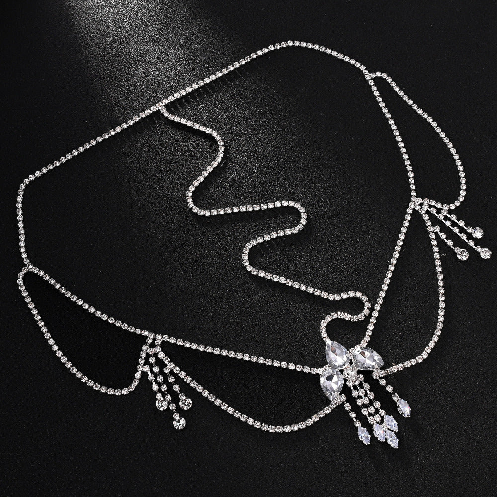 Ethnic Style Tassel Hair Chain Insert Comb Featuring Rhinestones In Silver