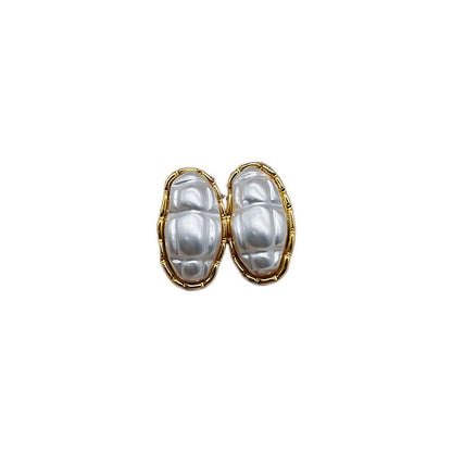 Retro Oval Stud Earrings For Women In Silver Copper With Freshwater Pearl Inlay