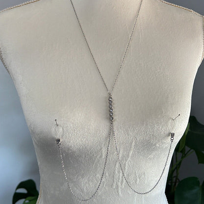 Silver Alloy Body Chain For Women With Geometric Pattern And Electroplated Finish, Inlaid With Rhinestones