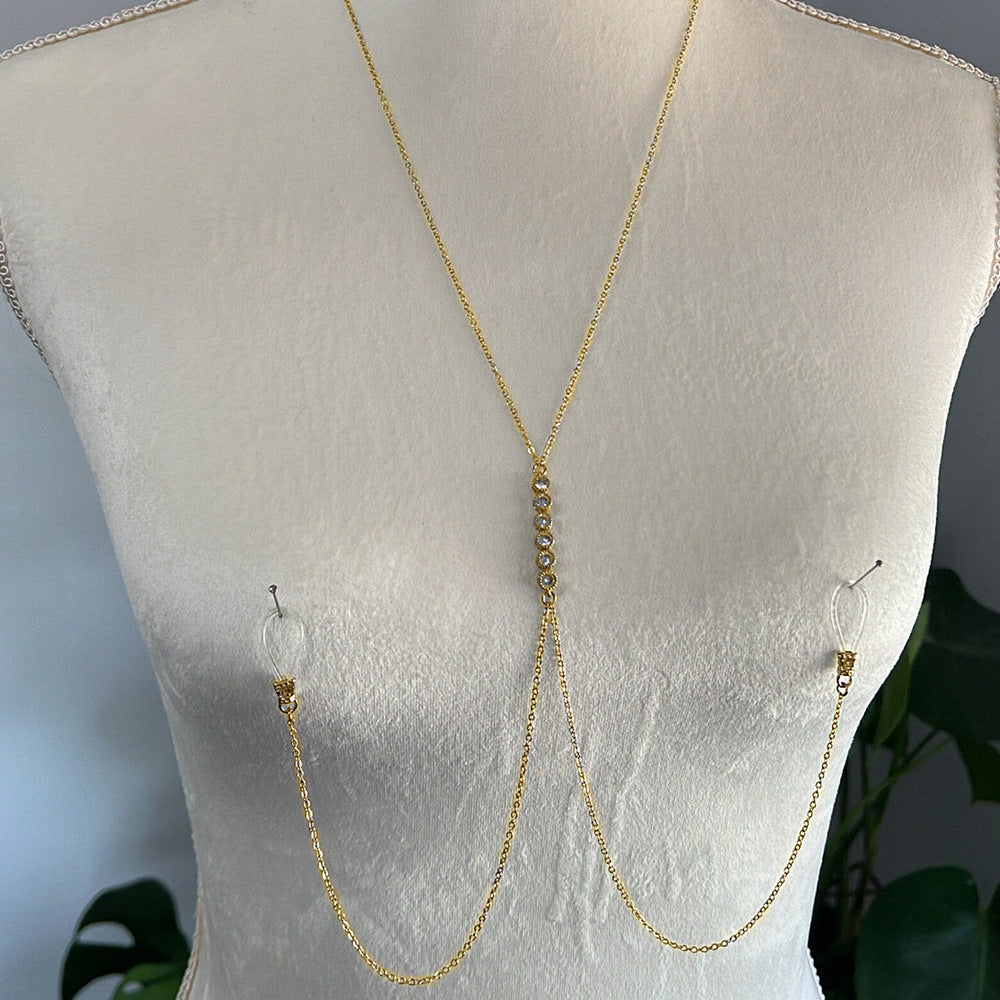 Silver Alloy Body Chain For Women With Geometric Pattern And Electroplated Finish, Inlaid With Rhinestones