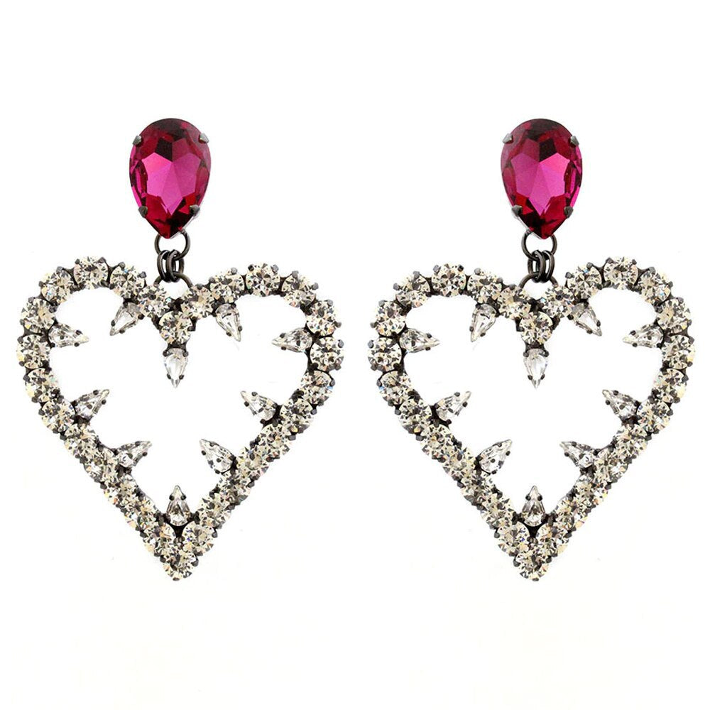 Heart Shape Silver Alloy Earrings For Women In Simple Style With Electroplated Finish And Rhinestone Inlay