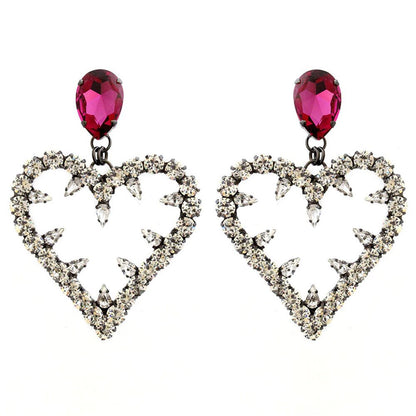 Heart Shape Silver Alloy Earrings For Women In Simple Style With Electroplated Finish And Rhinestone Inlay
