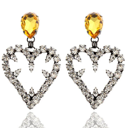 Heart Shape Silver Alloy Earrings For Women In Simple Style With Electroplated Finish And Rhinestone Inlay