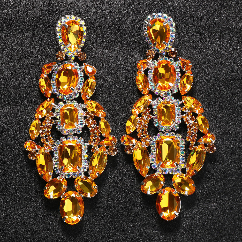Exaggerated Rhombus Gold Earrings For Women, Electroplated Alloy With Rhinestone Inlay
