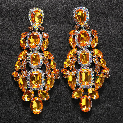 Exaggerated Rhombus Gold Earrings For Women, Electroplated Alloy With Rhinestone Inlay